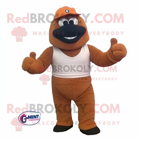 Personnage De Costume De Mascotte Redbrokoly Rust But Habillé D'un Bermuda Et De Gants