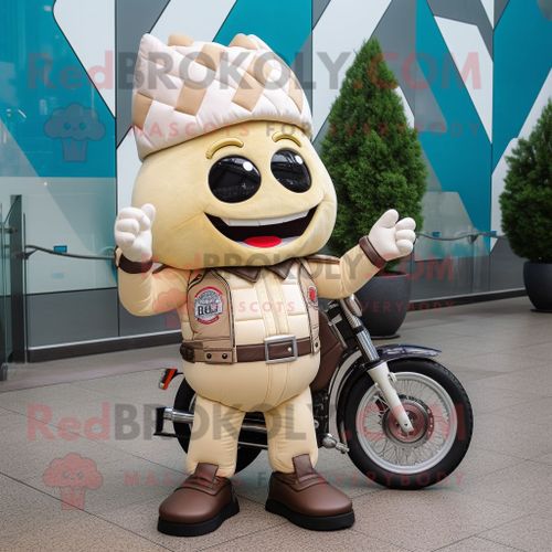 Personnage De Costume De Mascotte Redbrokoly De Cornet De Crème Glacée Beige Habillé D'une Veste De Moto Et De Portefeuilles