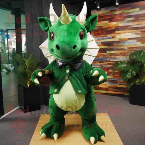 Personnage De Costume De Mascotte Redbrokoly De Triceratops Vert Forêt Habillé D'un Jean Évasé Et De Pinces À Chaussures