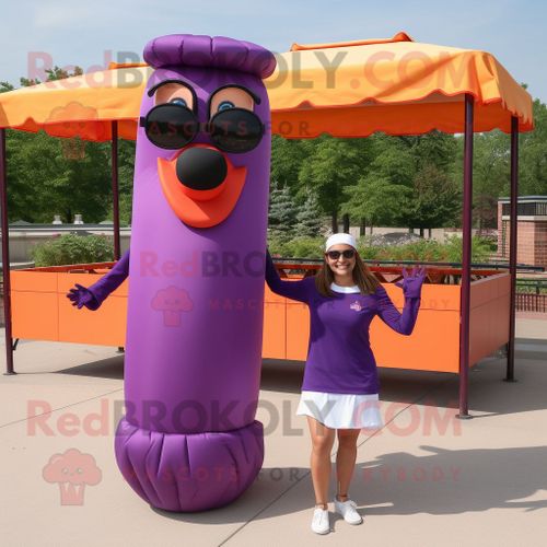 Personnage De Costume De Mascotte Redbrokoly Hot Dogs Violet Habillé D'une Robe Taille Empire Et De Lunettes De Soleil