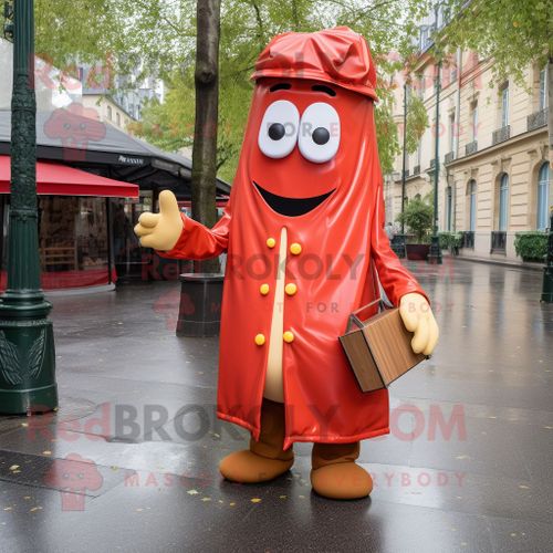 Personnage De Costume De Mascotte Redbrokoly De Frites Rouges Habillé D'un Imperméable Et De Mallettes
