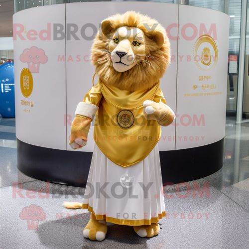 Personnage De Costume De Mascotte Redbrokoly Lion D'or Habillé D'une Jupe Et D'épingles À Châle