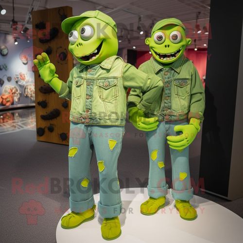 Personnage De Costume De Mascotte Redbrokoly De Cimetière Vert Citron Vêtu D'un Jean Boyfriend Et De Boutons De Manchette