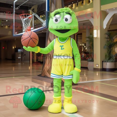 Personnage De Costume De Mascotte Redbrokoly De Filet De Volley-Ball Vert Citron Vêtu D'une Salopette Et De Cravates