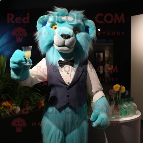 Mascotte Redbrokoly De Personnage De Costume De Lion Tamer Turquoise Habillé D'une Robe De Cocktail Et De Bretelles