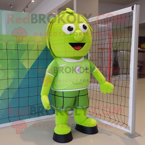 Personnage De Costume De Mascotte Redbrokoly De Filet De Volley-Ball Vert Citron Vêtu D'une Salopette Et De Cravates