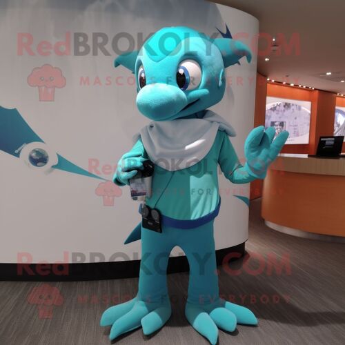 Personnage De Costume De Mascotte Redbrokoly De Dauphin Turquoise Habillé D'un Bikini Et De Montres Numériques