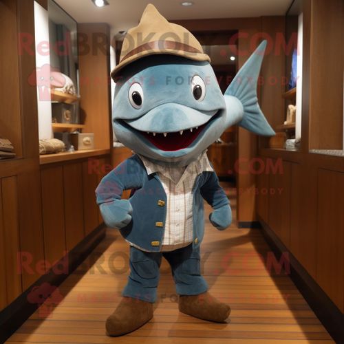 Personnage De Costume De Mascotte Redbrokoly D'espadon Habillé D'un Pantalon En Velours Côtelé Et De Boutons De Manchette