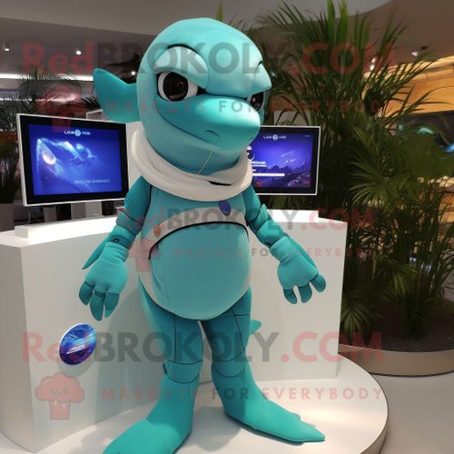 Personnage De Costume De Mascotte Redbrokoly De Dauphin Turquoise Habillé D'un Bikini Et De Montres Numériques