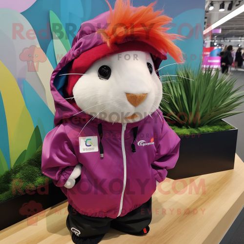 Personnage De Costume De Mascotte Redbrokoly De Cochon D'inde Magenta Habillé D'un Coupe-Vent Et De Casquettes