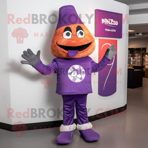 Personnage De Costume De Mascotte Redbrokoly De Tranche De Pizza Violette Habillé D'un T-Shirt Polo Et De Gants