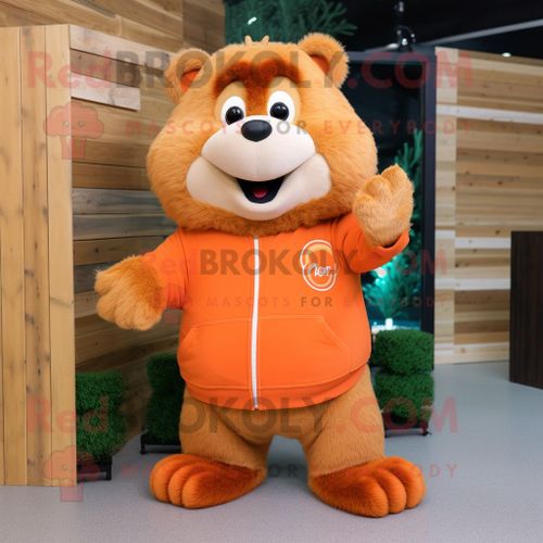 Personnage De Costume De Mascotte Redbrokoly De Castor Orange Habillé D'un Sweat-Shirt Et De Boucles D'oreilles