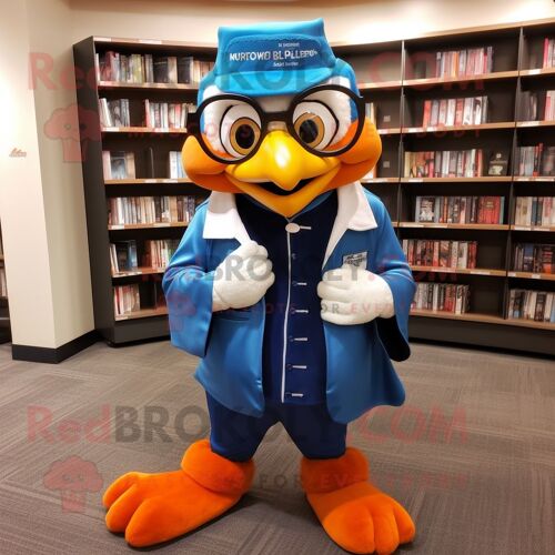 Mascotte Redbrokoly De Personnage De Geai Bleu Orange Habillé D'une Veste Et De Lunettes De Lecture