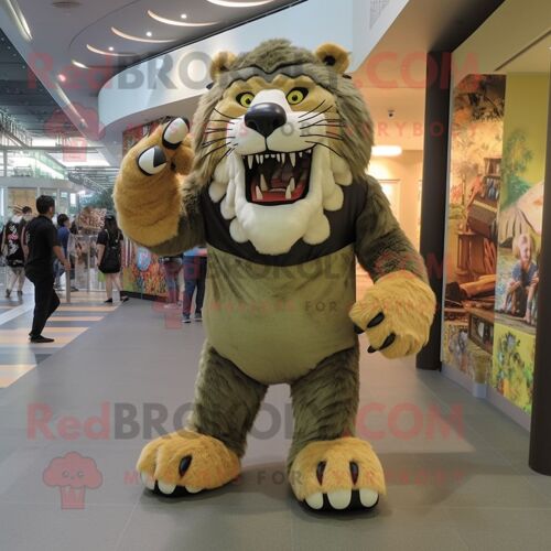 Personnage De Costume De Mascotte Redbrokoly De Tigre À Dents De Sabre Olive Habillé D'une Barboteuse Et De Pinces À Chaussures