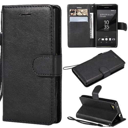 Étui Pour Rabattu Sony Xperia Z5 Mini Avec Fente Pour Carte Étui De Téléphone Portefeuille D'affaires Cuir De Haute Qualité Couleur Solide Classique - Noir