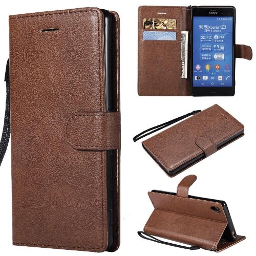 Étui Pour Rabattu Sony Xperia Z3 Avec Fente Pour Carte Cuir De Haute Qualité Étui De Téléphone Portefeuille D'affaires Couleur Solide Classique - Le Brun