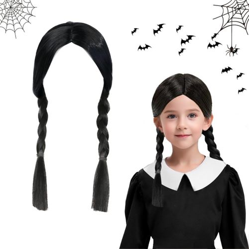 Kalanka-Mercredi Perruque, A-Ddams Cosplay Perruque, A-Ddams Perruque Tressée, A-Ddams Longue Perruque Noire Tressée, Mercredi Perruque Fille Pour Cosplay Halloween Carnaval