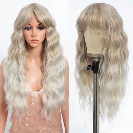 Kalanka-Perruque Blonde Et Blanche Avec Frange En Cheveux Synthétiques Longs, Bouclés Et Ondulés Pour Femme, Pour Usage Quotidien, Fête, 63,5 Cm (T14f/56e)