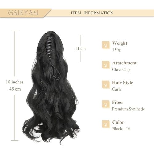Tianyi-45cm Postiche Queue De Cheval Avec Pince Extensions De Cheveux Naturel A Clip Ondulé Extension Queue De Cheval Synthétique Rajout Cheveux Claw On Ponytail Longue Bouclée - Noir 