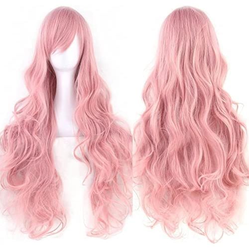 Tianyi-80cm Longue Perruque De Cosplay De Cheveux Naturels Bouclés Avec Une Frange Colorée Halloween Costume Party Perruques Pour Les Femmes (Pink)