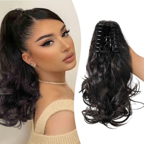 Kalanka-Postiche Queue De Cheval Avec Pince Extensions De Cheveux Naturel A Clip Ondulé Court 25cm Extension Queue De Cheval Synthétique Rajout Cheveux Claw On Ponytail Bouclée, Marron Foncé 
