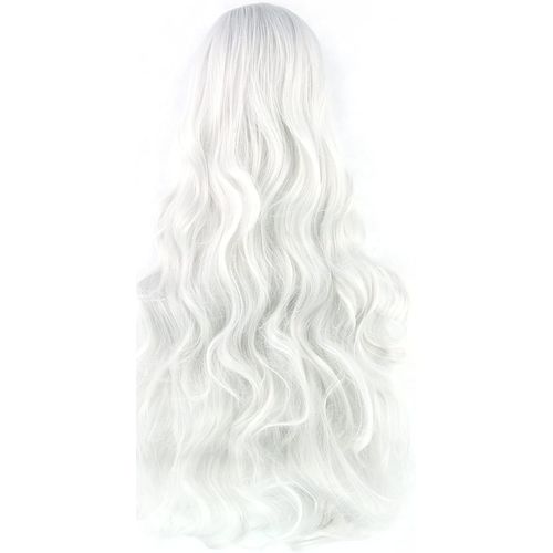 Tianyi-80cm Longue Perruque De Cosplay De Cheveux Naturels Bouclés Avec Une Frange Colorée Halloween Costume Party Perruques Pour Les Femmes (Argent Blanc)