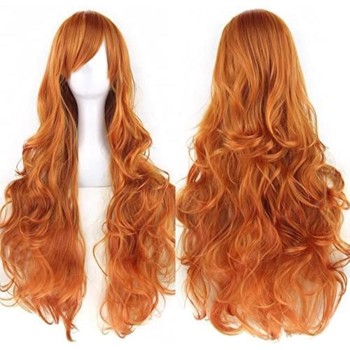 Tianyi-80cm Longue Perruque De Cosplay De Cheveux Naturels Bouclés Avec Une Frange Colorée Halloween Costume Party Perruques Pour Les Femmes (Orange)