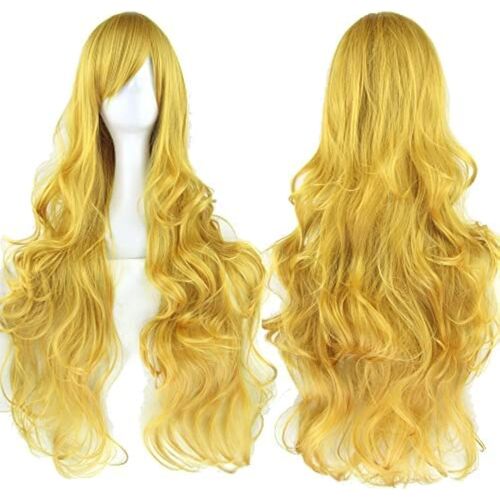 Kalanka-80cm Longue Perruque De Cosplay De Cheveux Naturels Bouclés Avec Une Frange Colorée Halloween Costume Party Perruques Pour Les Femmes (Jaune)