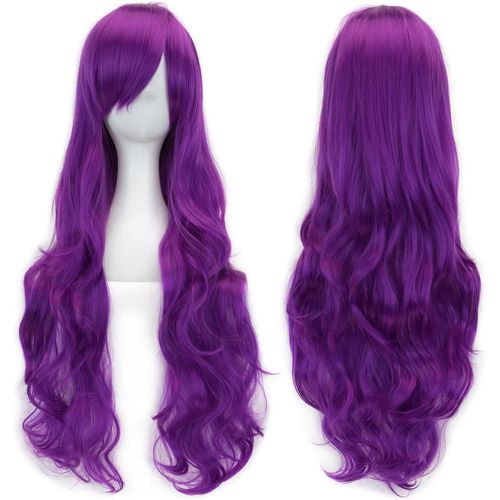 Tianyi-80cm Longue Perruque De Cosplay De Cheveux Naturels Bouclés Avec Une Frange Colorée Halloween Costume Party Perruques Pour Les Femmes (Violette)