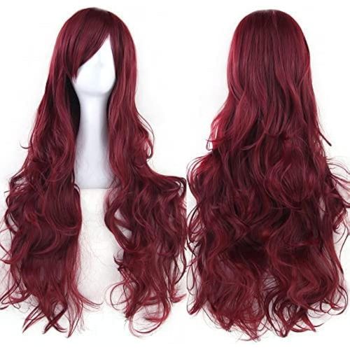 Tianyi-80cm Longue Perruque De Cosplay De Cheveux Naturels Bouclés Avec Une Frange Colorée Halloween Costume Party Perruques Pour Les Femmes (Bourgogne)
