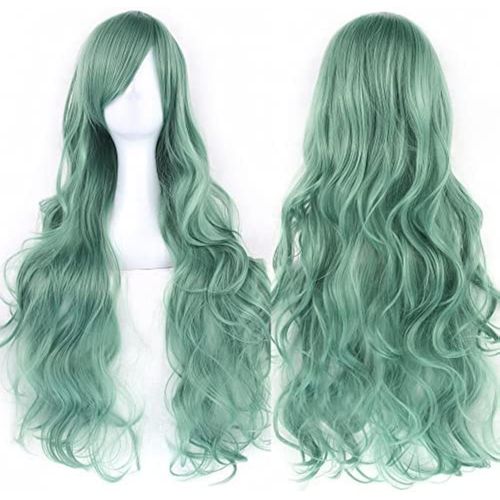 Tianyi-80cm Longue Perruque De Cosplay De Cheveux Naturels Bouclés Avec Une Frange Colorée Halloween Costume Party Perruques Pour Les Femmes (Vert Clair)