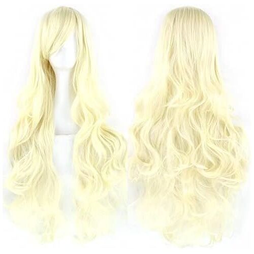 Kalanka-80cm Longue Perruque De Cosplay De Cheveux Naturels Bouclés Avec Une Frange Colorée Halloween Costume Party Perruques Pour Les Femmes (Blond)