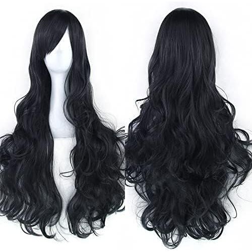 Kalanka-80cm Longue Perruque De Cosplay De Cheveux Naturels Bouclés Avec Une Frange Colorée Halloween Costume Party Perruques Pour Les Femmes (Noir)