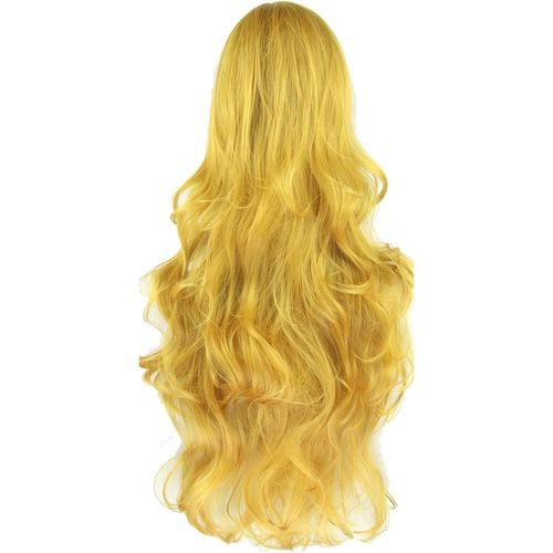 Tianyi-80cm Longue Perruque De Cosplay De Cheveux Naturels Bouclés Avec Une Frange Colorée Halloween Costume Party Perruques Pour Les Femmes (Jaune)