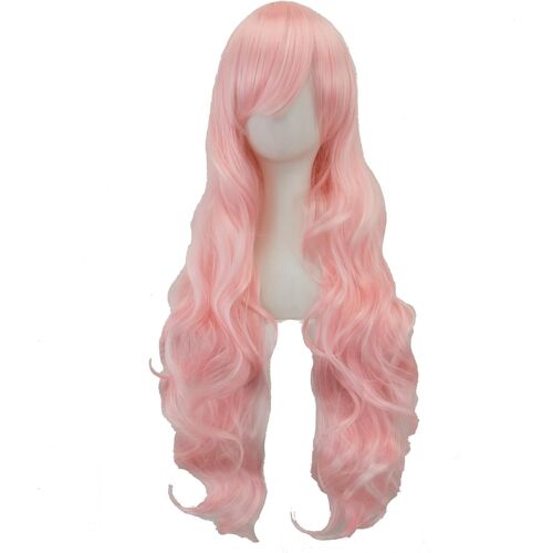 Tianyi-80cm Longue Perruque De Cosplay De Cheveux Naturels Bouclés Avec Une Frange Colorée Halloween Costume Party Perruques Pour Les Femmes (Rose Vif)