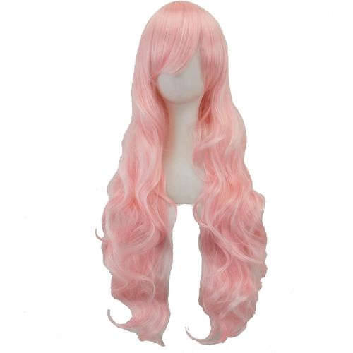 Tianyi-80cm Longue Perruque De Cosplay De Cheveux Naturels Bouclés Avec Une Frange Colorée Halloween Costume Party Perruques Pour Les Femmes (Rose Vif)