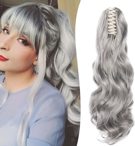 Kalanka-50cm Postiche Queue De Cheval Avec Pince Extensions De Cheveux Naturel A Clip Ondulé Extension Queue De Cheval Synthétique Rajout Cheveux Claw On Ponytail Longue Bouclée - Gris Foncé 