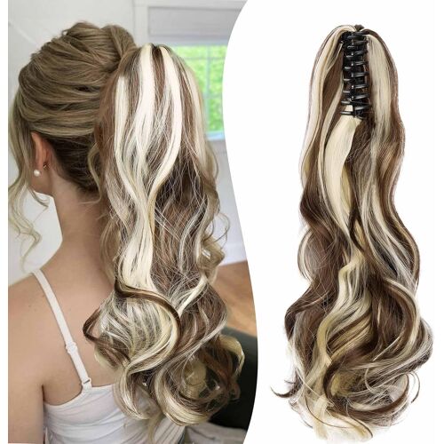 Kalanka-50cm Postiche Queue De Cheval Avec Pince Extensions De Cheveux Naturel A Clip Ondulé Extension Queue De Cheval Synthétique Rajout Cheveux Claw On Ponytail Longue Bouclée - Châtain & Blond 