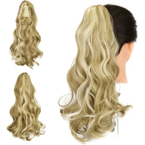 Kalanka-Postiche Queue De Cheval Postiche Extension De Cheveux Synthetique Claw On Ponytail Hair Extensions Plus Doux Lisse Aspect Réel Bouclée Ondulé 18" - Sandy Blonde&bleach Blonde 