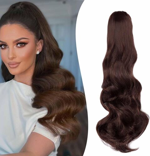 Tianyi-50cm Postiche Queue De Cheval Avec Pince Extensions De Cheveux Naturel A Clip Ondulé Extension Queue De Cheval Synthétique Rajout Cheveux Claw On Ponytail Bouclée, Marron Foncé & Auburn Foncé 