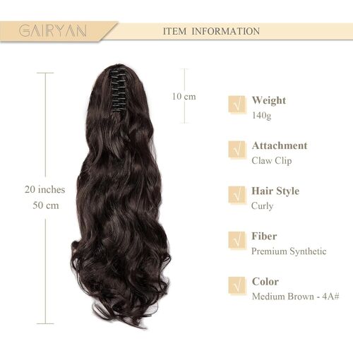 Tianyi-50cm Postiche Queue De Cheval Avec Pince Extensions De Cheveux Naturel A Clip Ondulé Extension Queue De Cheval Synthétique Rajout Cheveux Claw On Ponytail Longue Bouclée - Brun Moyen 