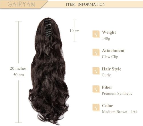 Tianyi-50cm Postiche Queue De Cheval Avec Pince Extensions De Cheveux Naturel A Clip Ondulé Extension Queue De Cheval Synthétique Rajout Cheveux Claw On Ponytail Longue Bouclée - Brun Moyen 