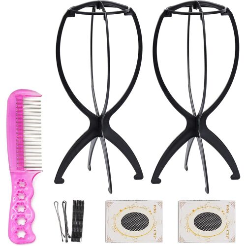 Kalanka-14 Pouces Stands De Perruque Pliante, Tête De Perruque Stands Pour Perruques, Présentoirs De Perruque Portable Plastique Support Perruque Séchoir (2pcs Noir) 