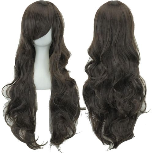 Tianyi-80cm Longue Perruque De Cosplay De Cheveux Naturels Bouclés Avec Une Frange Colorée Halloween Costume Party Perruques Pour Les Femmes (Noir Marron)