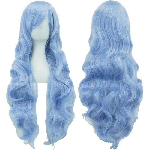 Tianyi-80cm Longue Perruque De Cosplay De Cheveux Naturels Bouclés Avec Une Frange Colorée Halloween Costume Party Perruques Pour Les Femmes (Bleu Elfe)