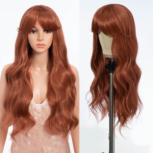 Kalanka-Perruque Brun Rougeâtre Avec Frange Aspect Long Cheveux Ondulés Rideau Frange Perruque Pour Femme Synthétique Usage Quotidien Fête 66 Cm (130t)