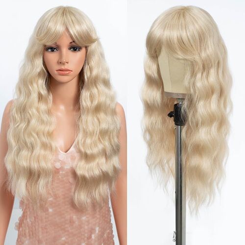 Kalanka-Perruque Blonde Avec Frange De Cheveux Synthétiques Longs, Bouclés Et Ondulés Pour Femme, Usage Quotidien, Fête, 63,5 Cm (Linen59) 