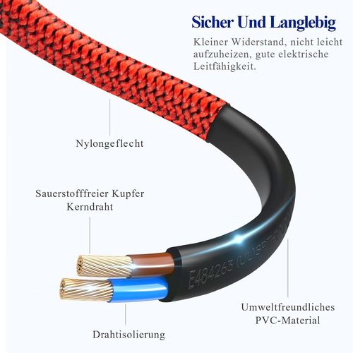 TIANYI-Câble d'alimentation 2 pôles, Câble d'alimentation 5m Prise Euro (CEE 7/16 sur C7) Tresse Nylon Câble Universel pour Petits appareils avec VDE pour TV, PS3/PS4/PS5 (5M, Rouge)