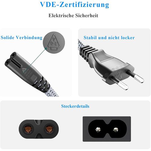 TIANYI-Câble d'alimentation 2 pôles, Câble d'alimentation 5m Prise Euro (CEE 7/16 sur C7) Tresse Nylon Câble Universel pour Petits appareils avec VDE pour TV, PS3/PS4/PS5 (5M, Noir)