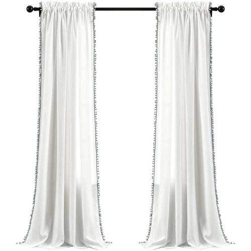 Tianyi-, Rideau À Pompons Gris | Panneau De Fenêtre Texturé De Couleur Unie De Style Shabby Chic Pour Salon, Salle À Manger, Chambre À Coucher (Simple), 213,4 X 127 Cm, Blanc, 213,4 X 127 Cm